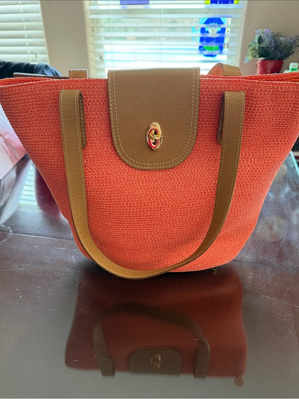 Eric Javits Coral Woven Tote with Tan Trim and Gold Turn-Lock